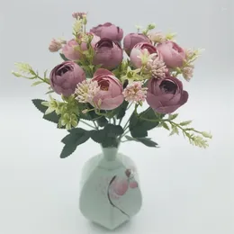 Decorative Flowers Artificial Tea Rose Bouquet Valentine Gift Silk Fake Green Plant Simulation Peony Champagne Flower Holiday Decoration