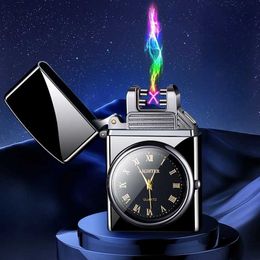 New Metal Quartz dial Windproof Portable Double Arc Electric Flameless Plasma USB Unusual Lighter Outdoor Cigar Men's Gift