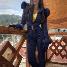 Outdoor Jumpsuit Zipper Skiing Hooded Women Warm Winter Faux Fur Collar Fleece Jumpsuit 231227