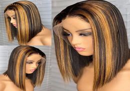 Brazilian Highlight Wig Ombre Brown Honey Blonde Short Bob Lace Front Human Hair Synthetic Straight Wigs For Women1686907