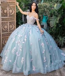 Quinceanera Dresses Light Blue Party Prom Ball Gown Off-Shoulder Sleeveless Tulle Custom Zipper Lace Up Plus Size New Bow 3D Floral Appliques