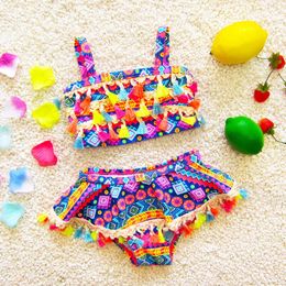 set Child Swimwear Oneshoulder Sling Two Piece Kids Bikini Lovely Stripe Children's Swimwear Flowers Swimsuits For Girls 1~6Y