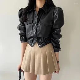 Women's Jackets WDMSNA Korean Pu Leather Jacket For Women Retro Lapel Coat Single Breasted Double Pocket Short Slim Waist