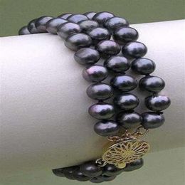 3 Strands Natural 8-9mm Tahitian Black Pearl Bracelet W207O
