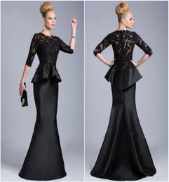 2019 New Black Evening Gowns Sheer Crew High Neck Half Long Sleeves Appliques Lace Beaded Peplum Sheath Formal Dresses Vestido For5220646