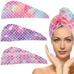 Microfiber Hair Drying Hat Super Absorption Hair Care Towel Cap Wrapped Turban Shower Caps Quick Drying Bathroom Bath Hats Fish Scale Pattern Printed Women W0154