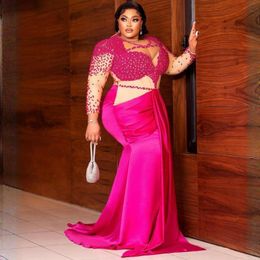 Fuchsia Plus Size Aso Ebi Prom Dresses Mermaid Long Sleeves Illusion Pearls Evening Formal Dress For Special Occasions Birthday Party Gowns Engagement Gown AM279