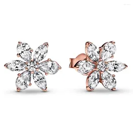 Stud Earrings Authentic 925 Sterling Silver Rose Gold Sparkling Herbarium Cluster Fashion For Women Gift DIY Jewellery