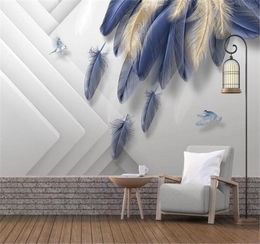 Custom Luxury 3d Wallpaper Modern Fashion Light Luxury Hand Painted Golden Blue Feather Threedimensional Silk Mural Wallpaper7958397