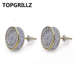 TOPGRILLZ Gold Silver Colour Iced Out Cubic Zircon Round Stud Earring With Screw Back Buckle Men Women Hip Hop Jewellery Gifts2680