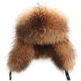 ZDFURS*Winter Men's 100% Real Silver Fox Fur Bomber Hat Raccoon Fur Ushanka Cap Trapper Russian Man Ski Hats Caps Real Leather 231227