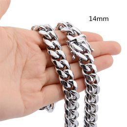 14mm Boys Men's High Quality Silver Colour Stainless Steel Curb Cuban Link Miami Chain Necklace Rapper Jewellery 7-40inch2413