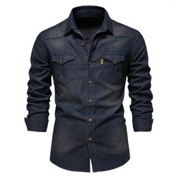 Men's Casual Shirts Denim For Washed Jeans Classic Slim Pocket Long Sleeve Shirt Button Beach Coat Business Streetwear Top