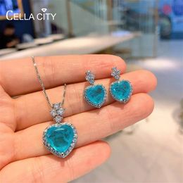 Necklaces Cellacity Real 925 Sterling Silver Jewelry Set Paraiba Pendant Earrings Blue Heart Shape Gemstones Wedding Fine Jewelry Gifts