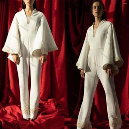 Women's Two Piece Pants White V Neck Women Blazer Suits Flare Sleeve Pearls Jacket 2 Pieces Prom Celebrity Custom Made Set