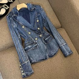 2023 Spring Fashion Luxury Denim Jacket Women Doublebreasted Button Slim Solid Blue Jeans Long Sleeve Pocket Blazers Coat Mujer 231227