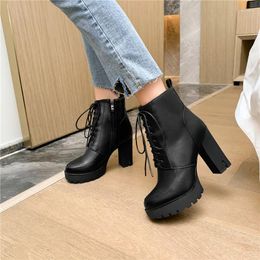 Boots YMECHIC 2023 Winter Block High Heels Biker Platform Ankle Women Lace Up Black Booties Office Dress Lady Shoes Plus Size 41