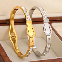 Bangle Gold Color Belt Buckle Rhinestones Stainless Steel Bangles Bracelets For Women Fashion Waterproof Cuff Jewelry Gifts