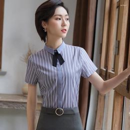 Women's Blouses Summer Women & Shirts With Necktie Short Sleeve Office Ladies 2 Piece Skirt And Top Set Grey Striped