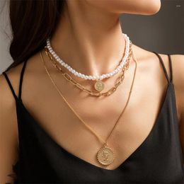 Pendant Necklaces Vintage Punk Gold Colour Chain Head Coin Necklace For Women Female Fashion Multilevel Baroque Artificial Pearl Jewellery