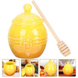 Dinnerware Sets Ceramic Honey Jar With Dipper Stick Retro Dispenser Pot Jars Storage Holder Home Syrup Mini Container