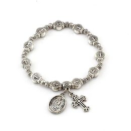 12Pcs Antique Silver Catholic Religious Alloy Strands Bracelets For Men Women Christ Juses Cross Virgin Mary Pendant Bangles C-79312S