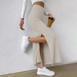 Skirts High-waisted Skirt Elegant High Waist Knitted Maxi For Women Warm Stylish Ankle Length Striped With Split Fall