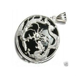 Whole cheap Exquisite black jade silver dragon pendant Chain277t
