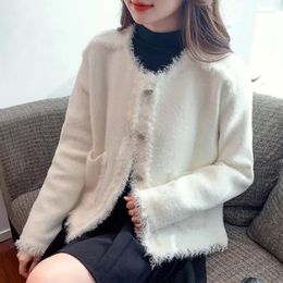 Women's Knits 2024 Spring Autumn Sweater Cardigan Fashion Imitation Mink Jackets Women Knitwear Tops Korean Ragged Fringe Jacket Outerwear