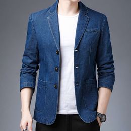 Denim Jacket Men Black Royal Blue Business Casual Blazer Spring Autumn Simple Stylish Young and Middle-aged Men's Suit