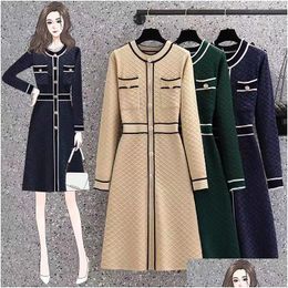 Basic Casual Dresses Designers Womens 2023 Autumn/Winter New Slightly Fat Mm Single Breasted Bright Silk Waist Slimming And Age Reduci Dhj9E