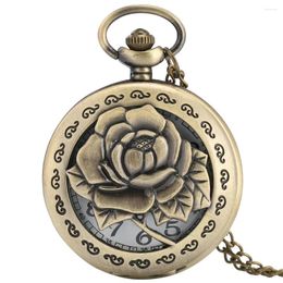 Pocket Watches Elegant Retro Rose Flower Necklace Watch Men Women Quartz Analogue Arabic Numerals Dial Bronze Pendant Chain Timepiece