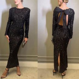 Casual Dresses Woman Long Sleeve Midi Dress Solid Colour Sequin O Neck Back Hollow Out Bowknot Party S-XL