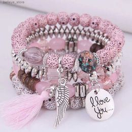 Bangle DIEZI Bohemian Multicolor Pink Crystal Beads Bracelets Women Girls Elastic Tassel Wing Letters Rope Bracelet Pulseira FemininaL231227