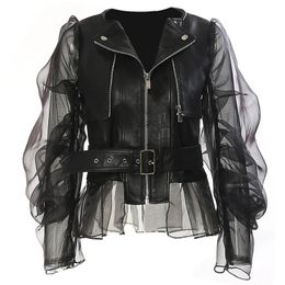 Women's Faux Leather Motorcycle Jacket PU Belted Slim Casual Designer Biker Jackets Coat 231226