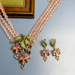 Necklace Earrings Set Vintage Rhinestone Pink Crystal Woven Flowers 2024 Trend Jewellery