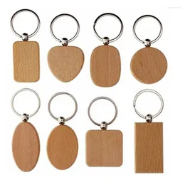 Keychains 10Pcs Blank Wooden Keychain Rectangular Round Heart Shape Wood Key Chain Ring