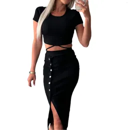 Work Dresses Women's 2 Piece Dress Sets Summer Outfits Solid Colour Crewneck Crop Tops Button Bodycon Skirt Set