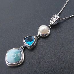 Necklaces Trendy Natural Larimar Sterling Sier Antique Design Blue Topaz Genuine Stone Pearl Charm Pendant for Women Gift Necklace