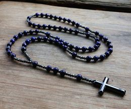 6mm Lapis Lazuli stone bead & Hematite pendant necklace for Men Women Catholic Christ Rosary Pendant V1912121301324