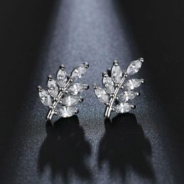 New Leaf Shaped Stud Earrings with Marquise Cut CZ Stone Korean Fashion Style Earing Jewelery Gift For Women243R