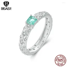 Cluster Rings BISAER 925 Sterling Silver Exquisite Patterns Ring Square Green Zircon Promise Band Plated Platinum For Women Party Fine