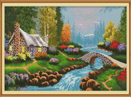 Small bridgeflowing water and household Handmade Cross Stitch Embroidery Needlework kits counted print on canvas DMC 14CT 11CT3268803
