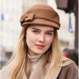Elegant Bow Berets Caps For Women Woollen Felt Hat Winter Retro Styled Small Top Little Braid Brimless 231226