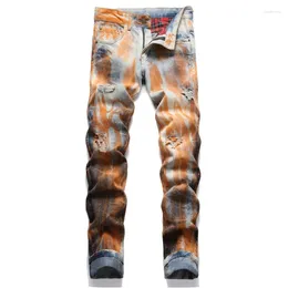 Men's Jeans Mens Fashion Orange Paint Printed Slim Ripped Spring Autumn Mopping Trousers Denim High Street Hip Hop Pencil Pants