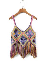 T-Shirt YENKYE 2022 Fashion Women V Neck Fringe Cami Top Vintage Multicolor Floral Summer Boho Crop Top