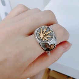 New Hip Hop Size 7-14 Weed Hemp Signet 14K White Gold Ring Punk Maple Leaf Big Band Rings For Men Women Biker Jewellery Bague