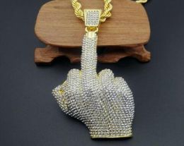Hip Hop Men Gold color Full Rhinestone Big Middle Finger Pendants Necklaces with 30inch long chain for mens jewelry GB12642626184