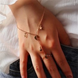 Cluster Rings Boho One-Piece Wrist Chain Finger Ring Bracelet Butterfly Moon Star Pendant Connected Metal For Women Men Hand Jewellery Gift
