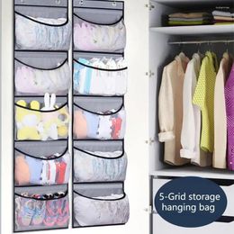 Storage Boxes Door Back Organizer 5 Grids Non-woven Sundries Hanging Bag Underwear Socks Mesh With 2 Hooks